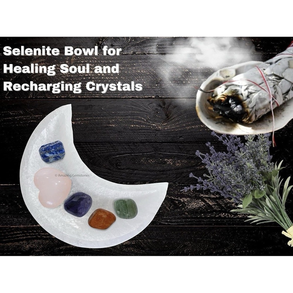 Selenite Crescent Moon Bowl Crystal Charging Dish Recharging Crystals